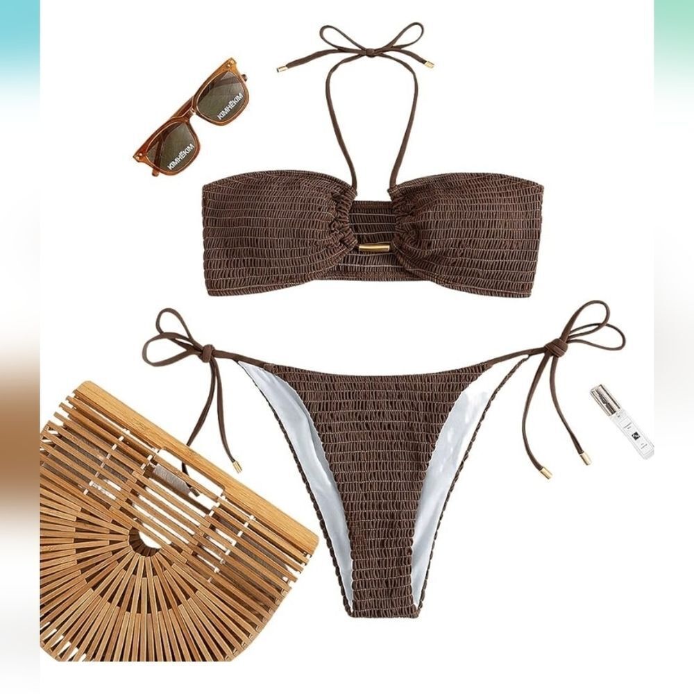 SweatyRocks Women's 2 Piece brown Ribbed Tie Side Halter Bikini Swimsuit Medium - Picture 2 of 10